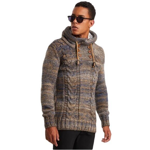 NWOT LEIF NELSON Hoodie Sweater L Aztec Cable-Knit Mock-Neck Drawstring Wool - Picture 1 of 14